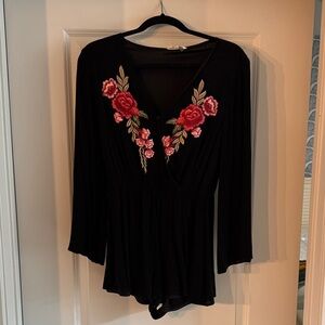 Entro Black Romper with Red Floral Embroidery